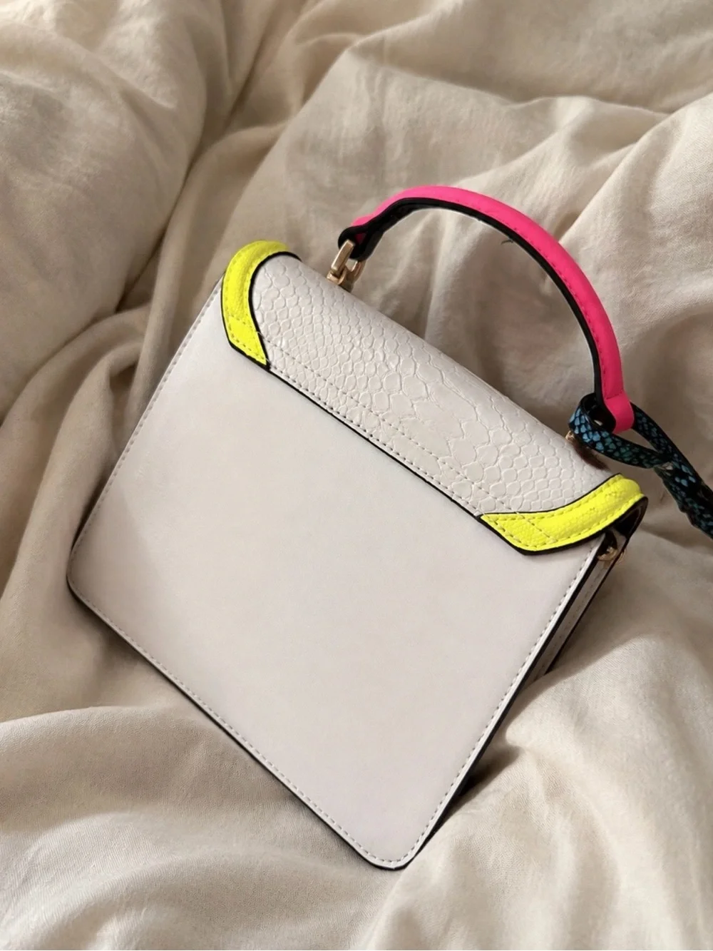 Aldo White Satchel with Neon Yellow, Hot Pink & Blue Snake-Print Accents